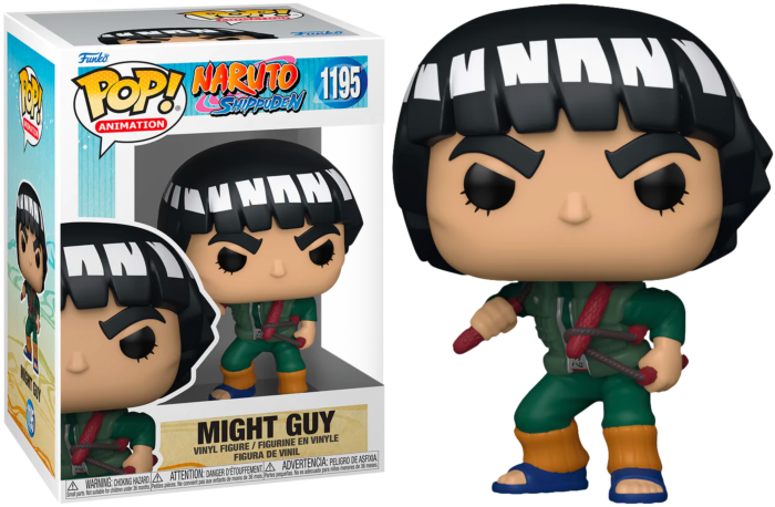 Figura de vinilo Pop! de Might Guy dentro de su caja y de pie junto a ella.