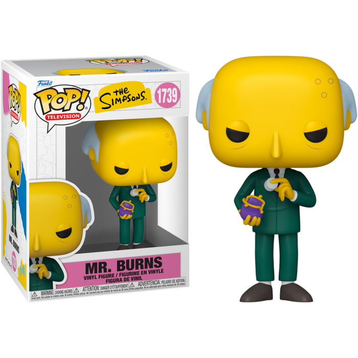 Figura Funko Pop de Mr. Burns con traje verde, sosteniendo una bolsa morada, junto a su caja.