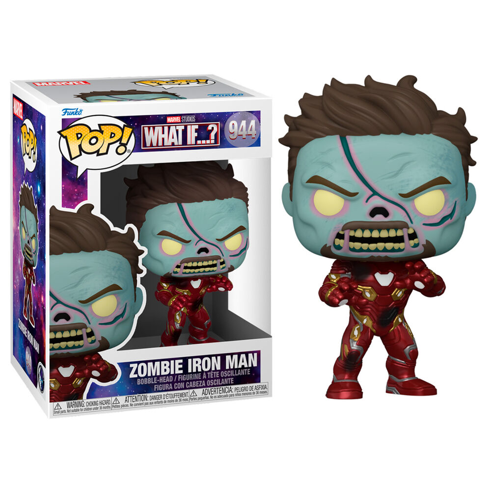 Zombie Iron Man Funko Pop Figur mit Verpackung, grünliche Haut und beschädigter Rüstung.