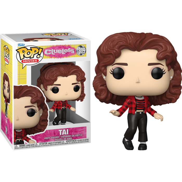 Figura de vinilo Funko Pop de Tai de Clueless con camisa a cuadros roja y pantalón negro, con su caja.