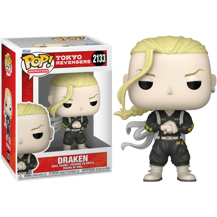 Figura de vinilo Funko Pop de Draken de Tokyo Revengers, de pie junto a su caja.