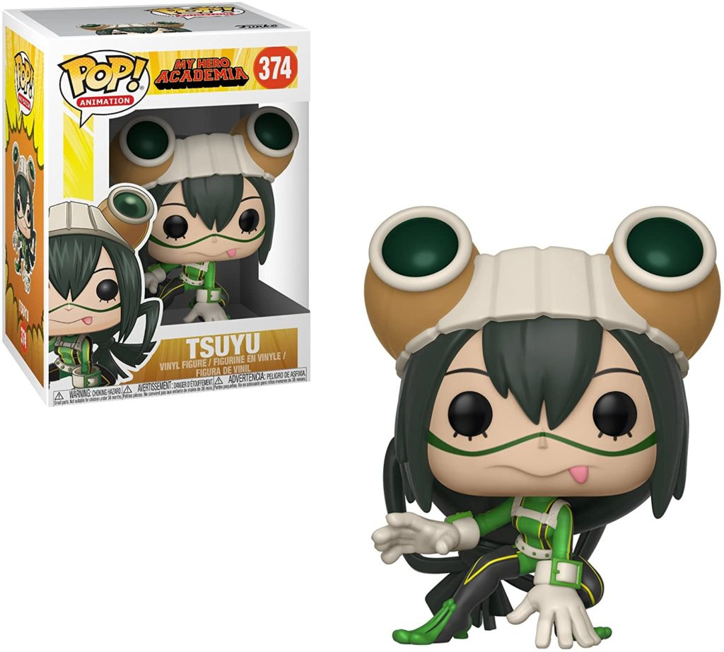 Tsuyu Asui Funko Pop Figur mit Verpackung, grün-schwarzem Anzug und Froschmaske.