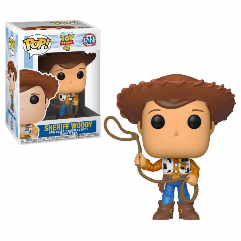 Action figure Funko Pop dello Sceriffo Woody con scatola, che tiene un lazo.