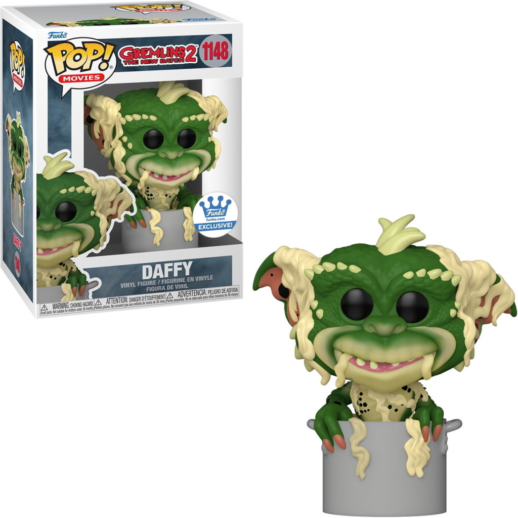 Funko Pop Gremlins 2 Daffy Vinylfigur in einem grauen Topf mit Verpackung.