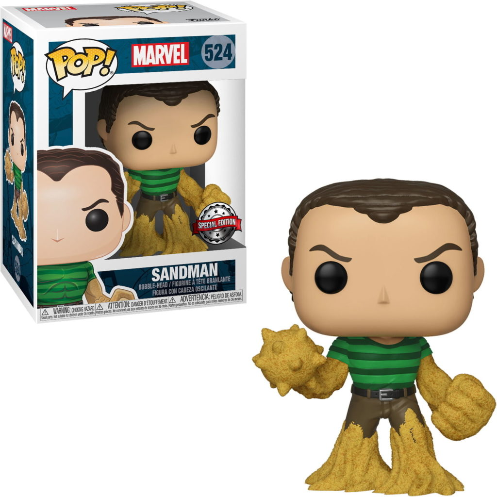 Sandman Funko Pop Figur mit grün gestreiftem Shirt und sandigem Körper neben der Verpackung.