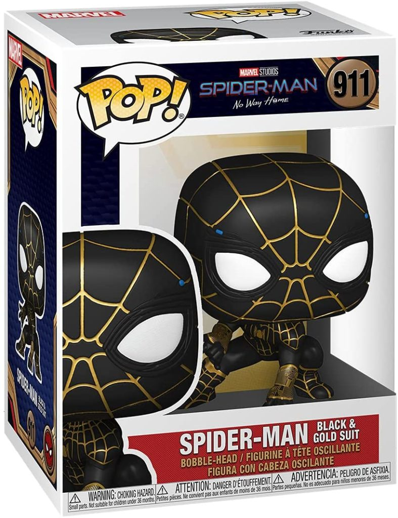 Figurine Funko Pop de Spider-Man en costume noir et or en boîte.
