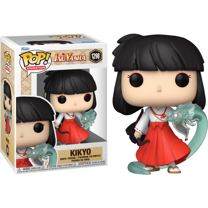 Funko Pop Kikyo Figur aus InuYasha im weißen Kimono und rotem Hakama mit grünem Geist.