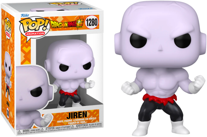 Funko Pop Jiren Vinyl-Figur aus Dragon Ball Super mit Verpackungskarton links.