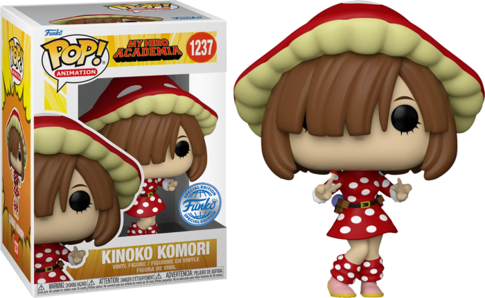 Una figura Funko Pop de Kinoko Komori con vestido de lunares rojos y sombrero de hongo, con su caja.