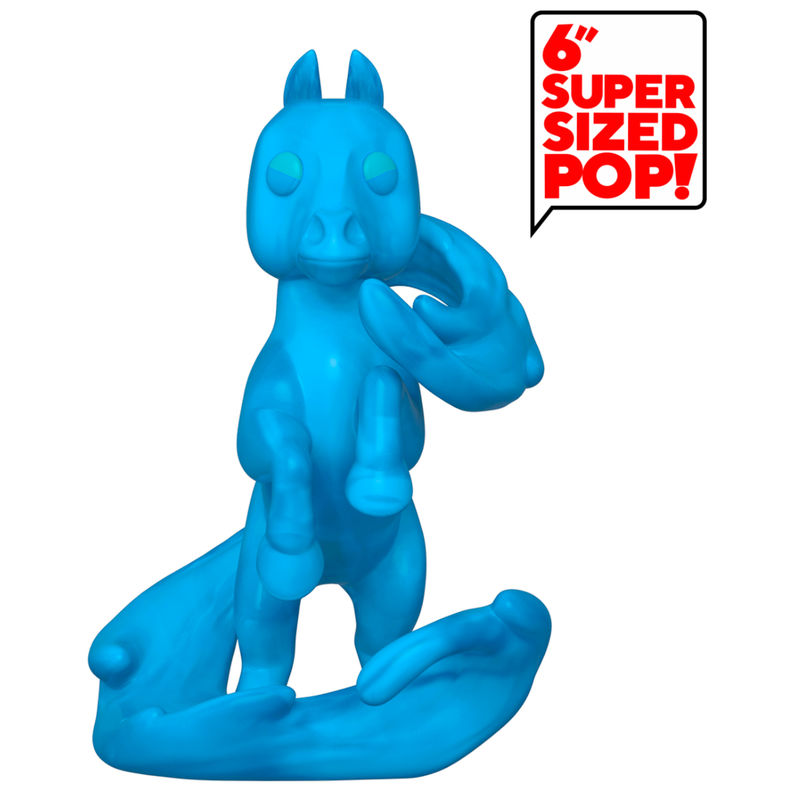 Figura di cavallo blu con gambe sollevate su un'onda e cartello '6" Super Sized Pop!'.