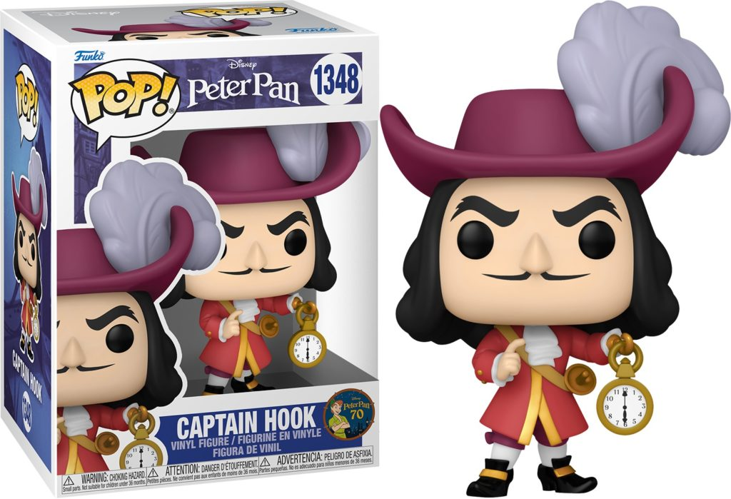 Captain Hook Funko Pop Figur in rotem Mantel, Hut mit Feder und goldener Taschenuhr neben der Verpackung.