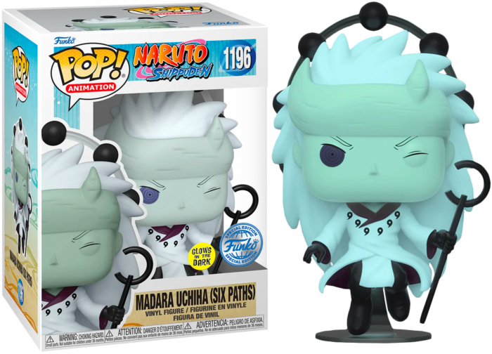 Figura de vinilo Funko Pop de Madara Uchiha Six Paths fosforescente con bastón y caja.