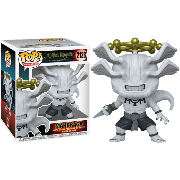 Funko Pop Mahoraga Figur mit geflügeltem Kopf, goldenem Rad-Heiligenschein, dunklen Shorts und Box vor schwarzem Hintergrund.