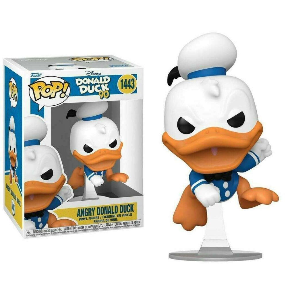 Angry Donald Duck Funko Pop Vinyl Figur neben ihrer beschrifteten Verpackung.