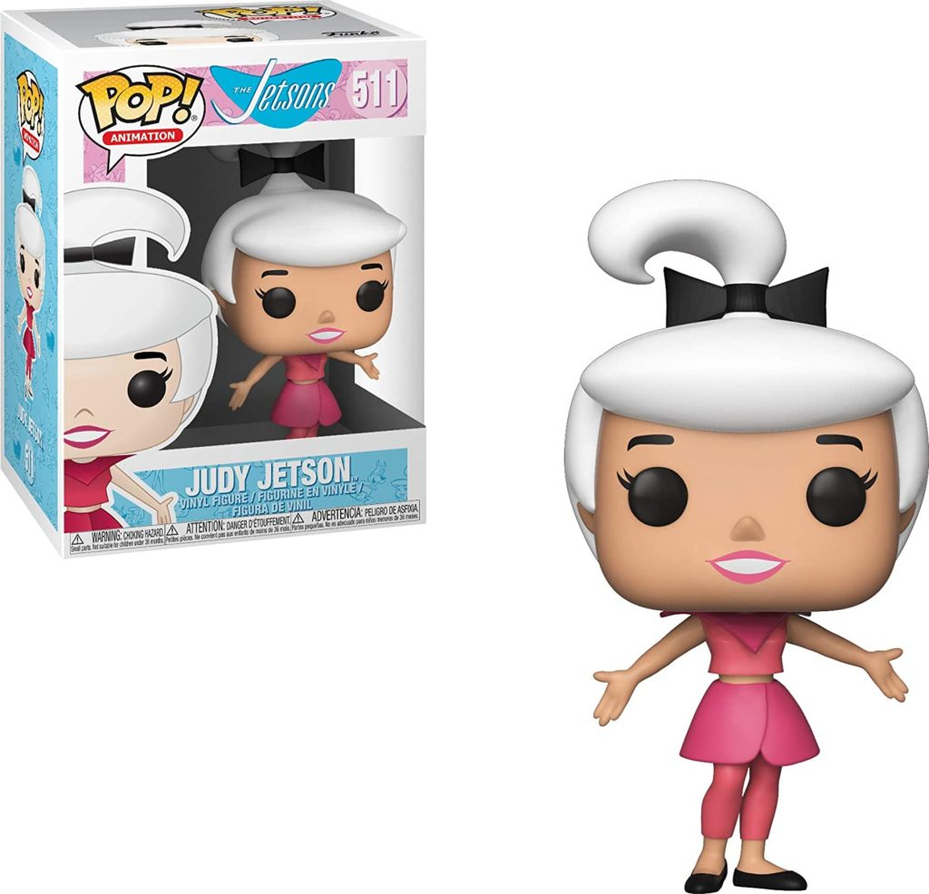 Judy Jetson Funko Pop Vinyl-Figur im rosa Outfit mit weißen Haaren und schwarzer Schleife neben Verpackung.