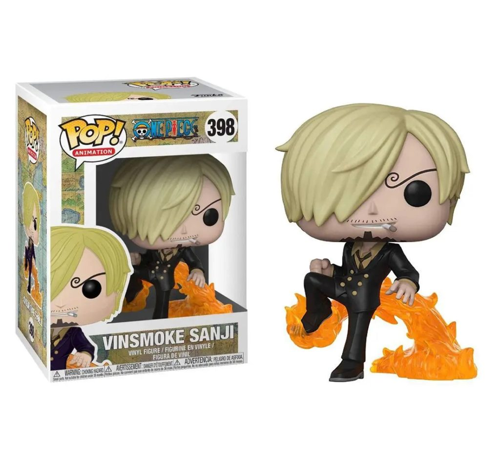 Figura Funko Pop Vinsmoke Sanji da One Piece con base di fuoco, accanto alla scatola originale.