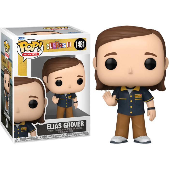 Elias Grover Funko Pop Vinylfigur in blauer Arbeitskleidung und braunen Hosen neben ihrer Verpackung.