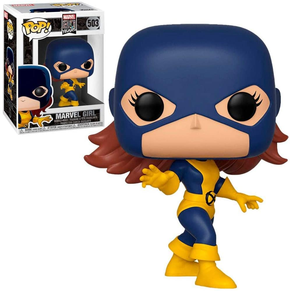 Marvel Girl Funko Pop Figur mit blauer Maske, gelbem Anzug und rotem Haar vor ihrer Produktverpackung.