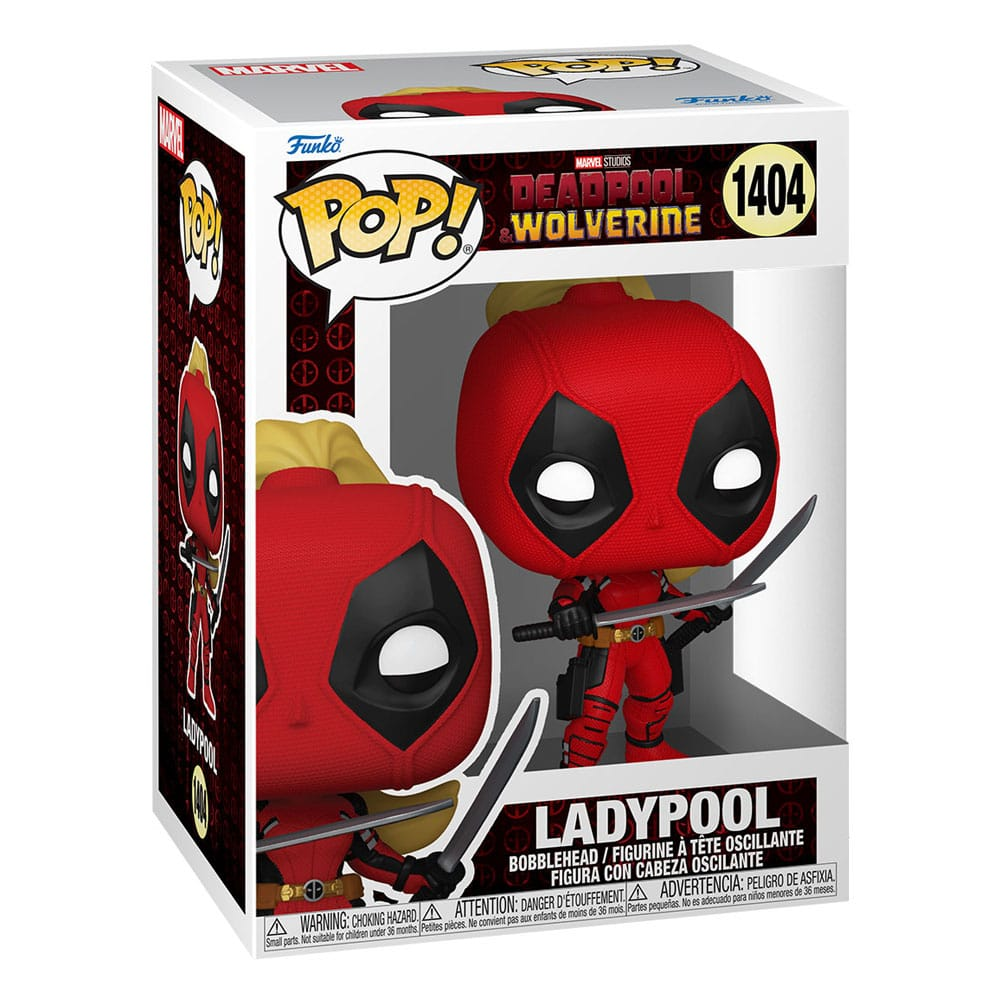 Pudełko Funko Pop z figurką Ladypool z Deadpool & Wolverine, w kolorze czerwonym i czarnym z mieczami.