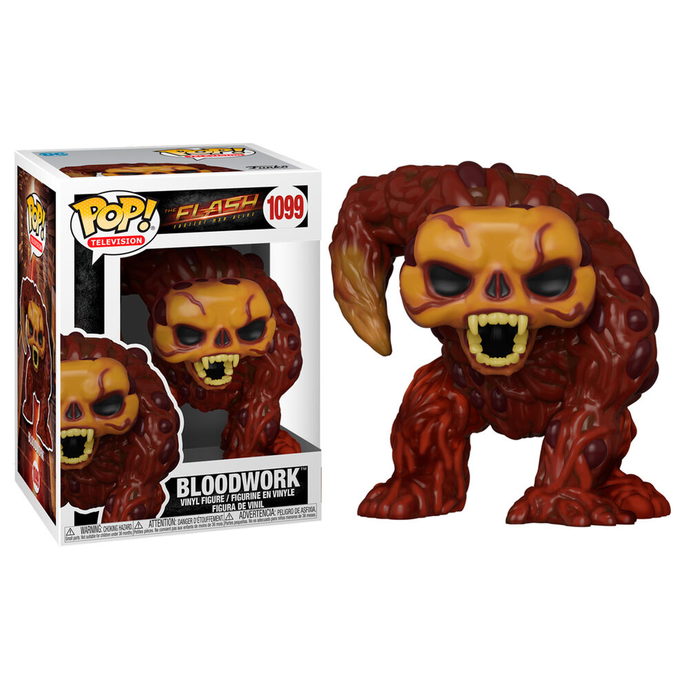 Figura de vinilo Funko Pop Bloodwork junto a su caja, con un cuerpo rojo carnoso y cara amarilla.