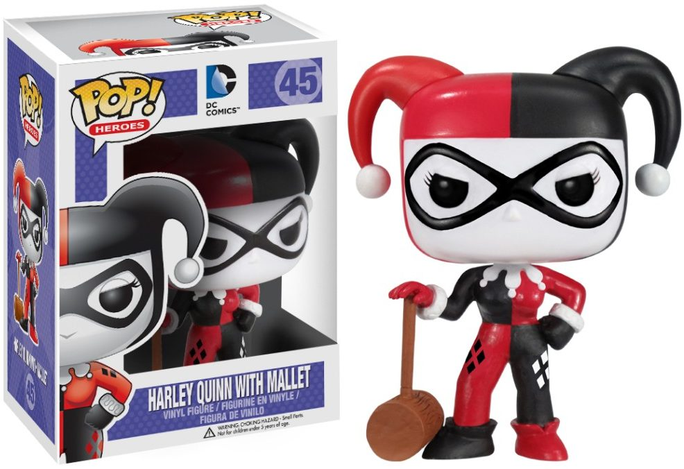 Harley Quinn Funko Pop Figur mit Hammer und Verpackung.