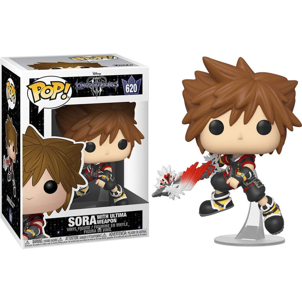 Funko-Pop-Vinylfigur von Sora mit Ultima-Waffe aus Kingdom Hearts III, neben ihrer Markenverpackung.