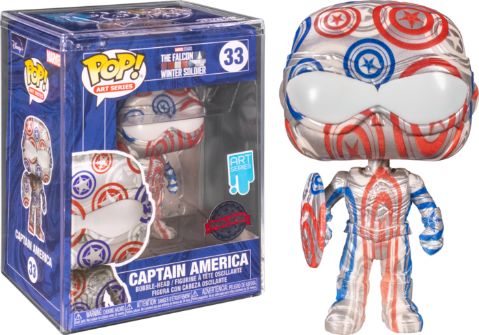 Figura de Captain America de Funko Pop Art Series con escudo junto a su caja azul y blanca.