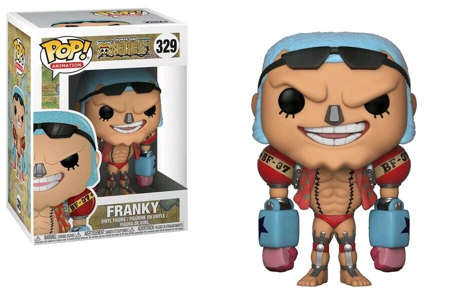 Figurka winylowa Franky Pop! z One Piece z niebieskimi włosami i okularami obok pudełka.