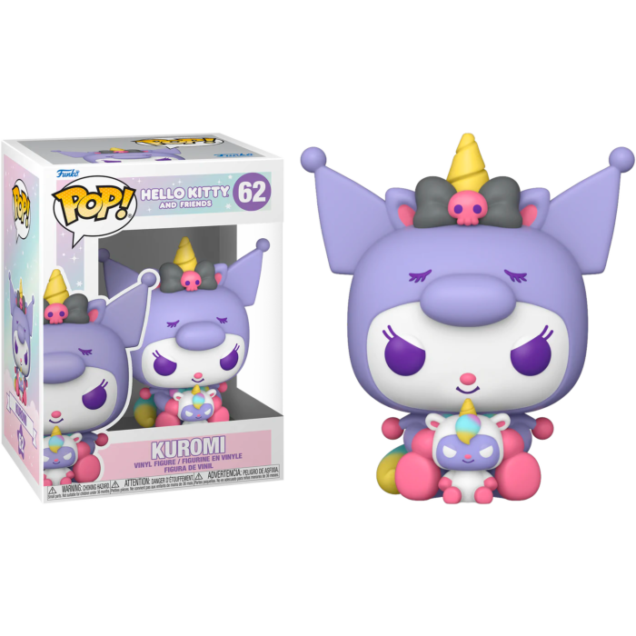 Funko Pop Kuromi Figur in lila und weiß mit kleiner Einhornfigur, neben der Originalverpackung.