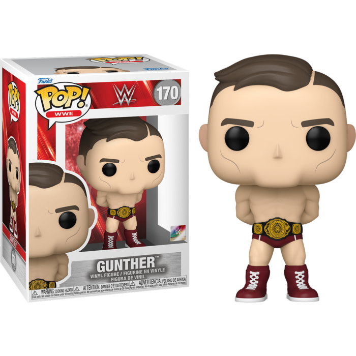 Funko Pop WWE Gunther Vinylfigur Nummer 170 in Verpackung und daneben stehend.