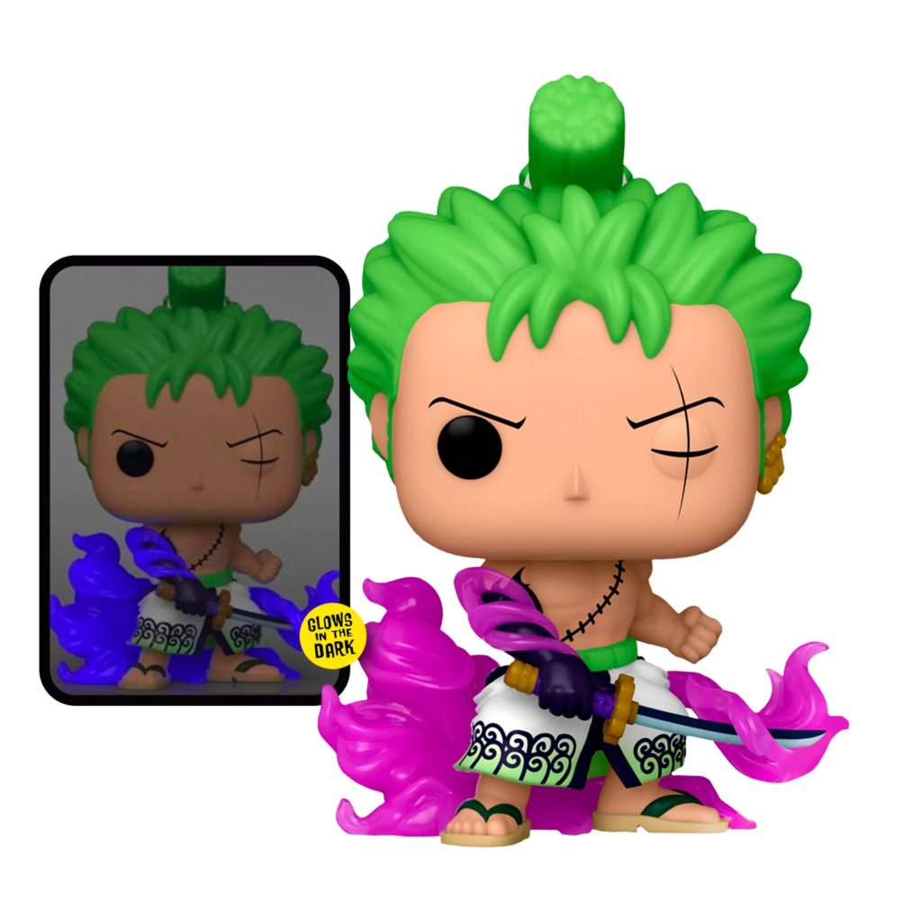 Una figura in vinile di Roronoa Zoro con capelli verdi e aura viola, con funzione fosforescente.
