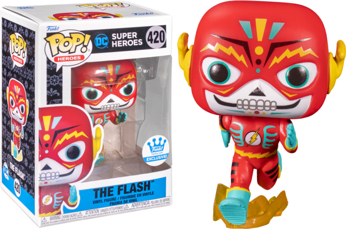 Funko Pop The Flash Figur in Day of the Dead Skizzenoptik mit Verpackung auf schwarzem Grund.