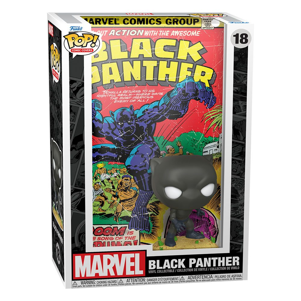 Funko Pop Comic Cover von Black Panther mit Vinylfigur vor einem Marvel-Comic-Hintergrund in einer Box.