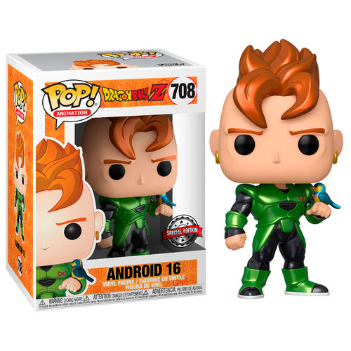 Android 16 Funko Pop Vinyl-Figur mit roten Haaren und grüner Rüstung, die einen blauen Vogel hält, neben der Schachtel.