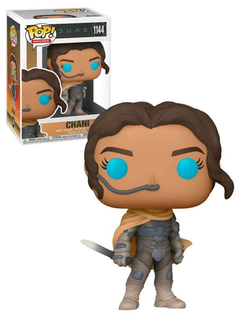 Chani Funko Pop Vinyl-Figur in Dune-Rüstung mit blauen Augen und Messer, inklusive Verpackung.