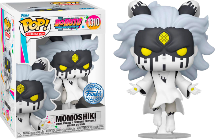 Funko Pop Momoshiki Vinylfigur mit weißem Haar, gelben Augen und schwarzem Muster, in Box und stehend.