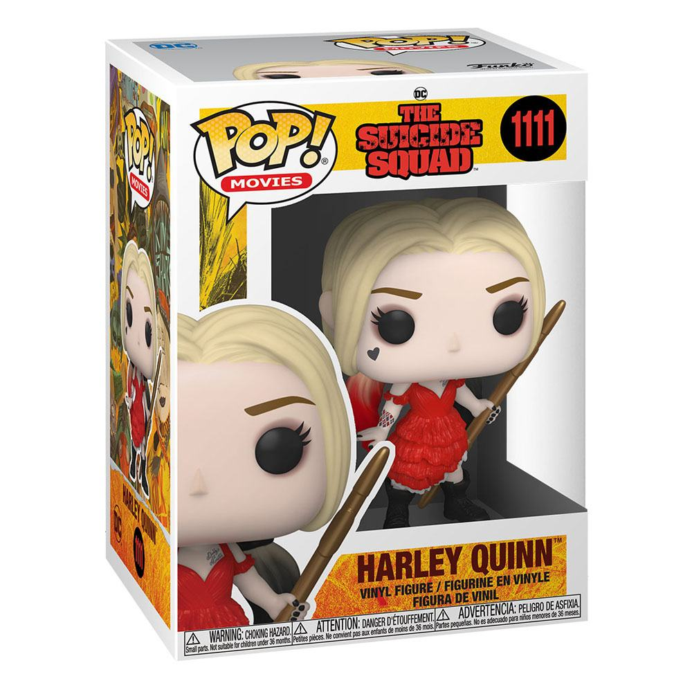 Figura Funko Pop de Harley Quinn en vestido rojo con lanza en su caja.