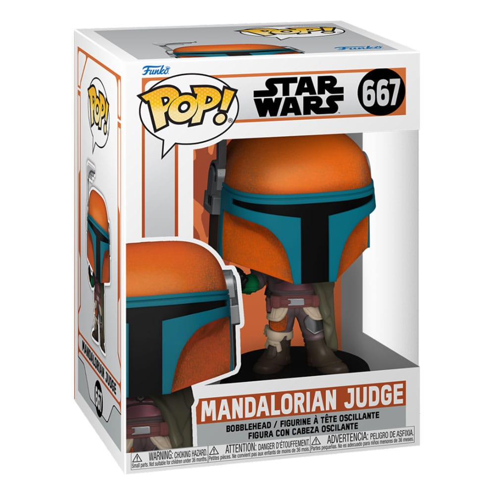 Figura Funko Pop de Mandalorian Judge de Star Wars número 667 en su caja original.