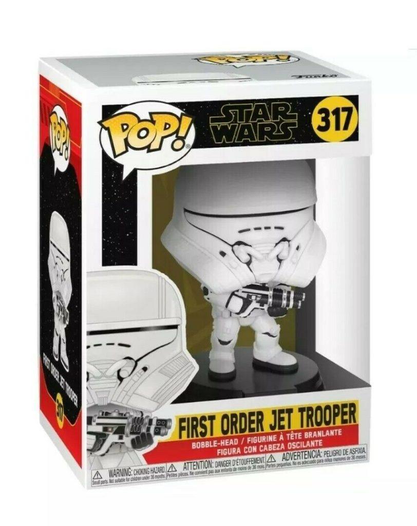 Eine Funko Pop Star Wars First Order Jet Trooper Vinylfigur in ihrer Box.
