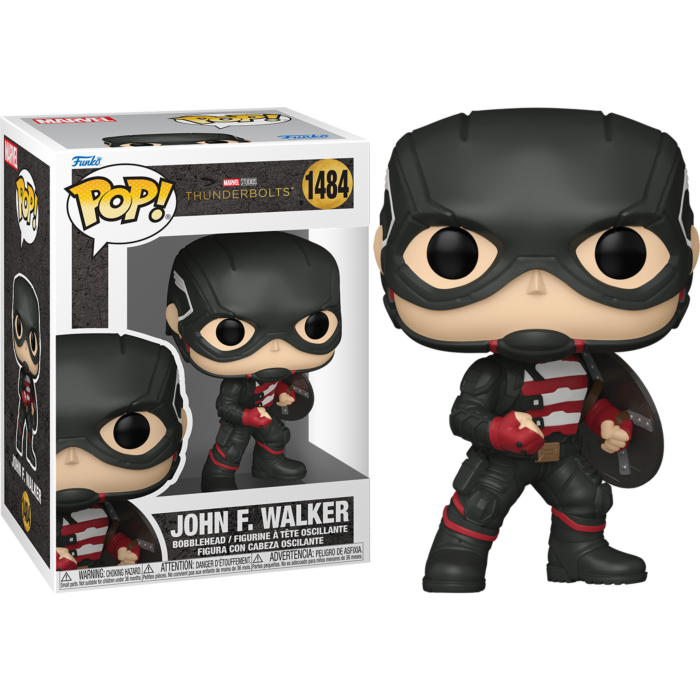 Figura de vinilo Funko Pop de John F. Walker de Thunderbolts con traje negro y escudo, mostrada dentro y fuera de la caja.
