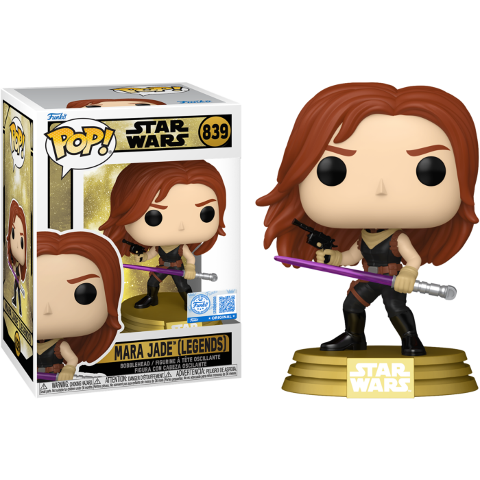 Figura Funko Pop de Mara Jade de Star Wars con sable láser violeta y blaster junto a su caja.