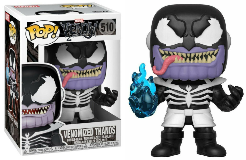 Venomierter Thanos Funko Pop Figur mit blauer Flamme in der Hand neben seiner Verpackung.