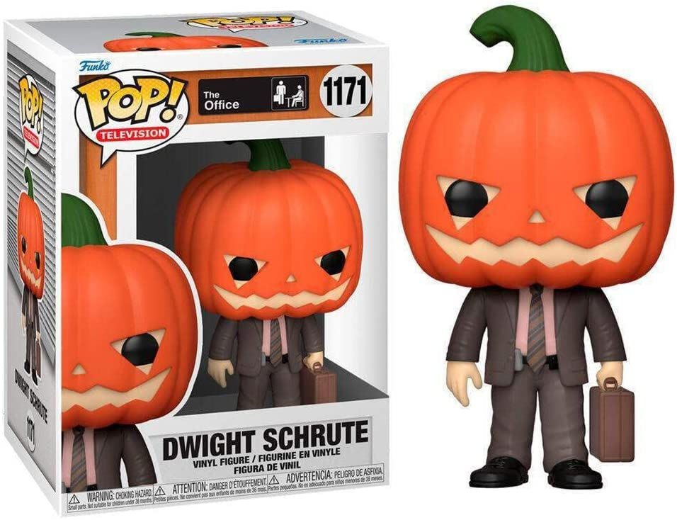 Funko Pop Figur von Dwight Schrute mit Kürbiskopf im Anzug neben seiner Verpackung.