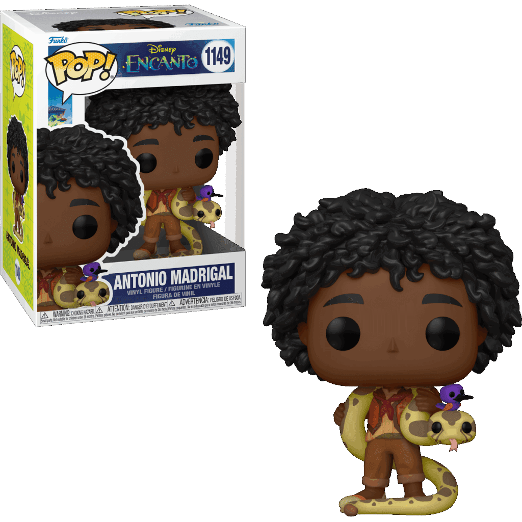 Figura Funko Pop de Antonio Madrigal de Encanto, con una serpiente y un pájaro, junto a su caja.