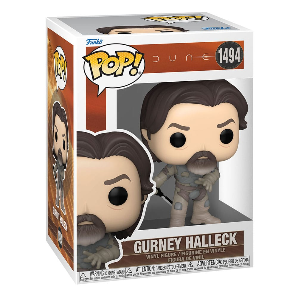 Figura de vinilo Funko Pop Dune Gurney Halleck en su caja, número 1494, mostrando al personaje con barba.