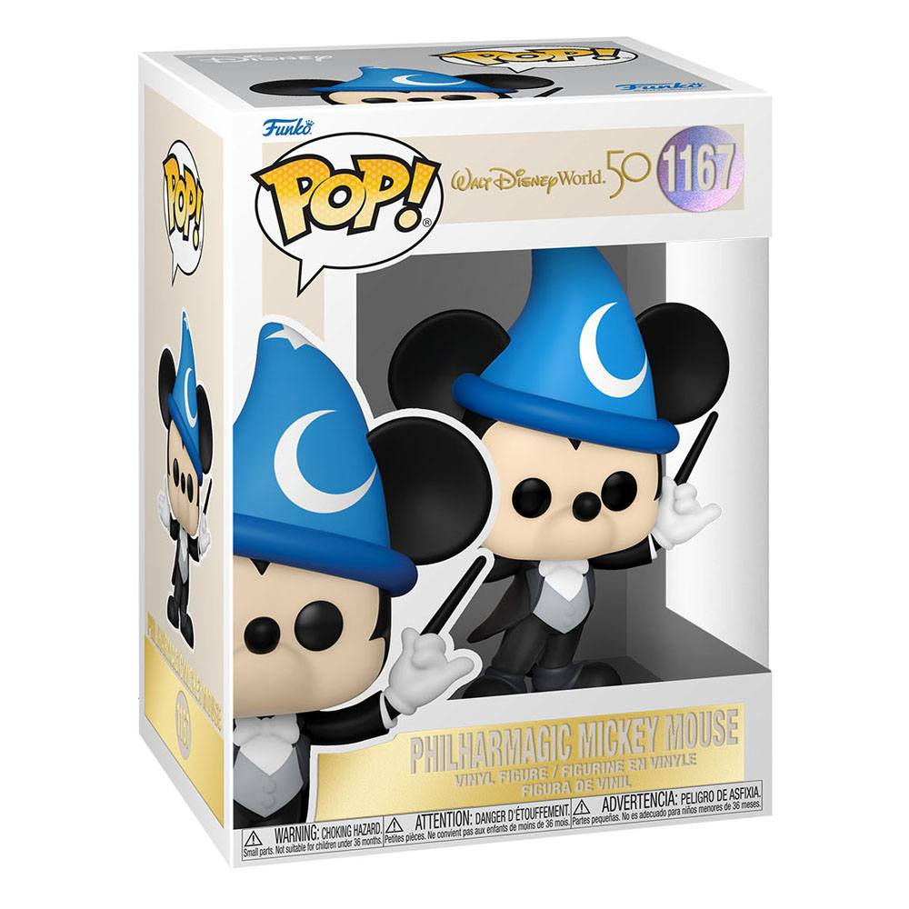 Funko Pop Vinylfigur von Philharmagic Mickey Mouse in seiner blauen Zauberkappe in einer Sammlerbox.