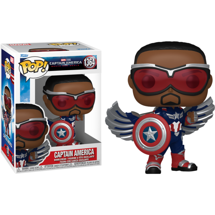Figura Funko Pop de Capitán América con escudo y alas, de pie junto a su caja colorida.