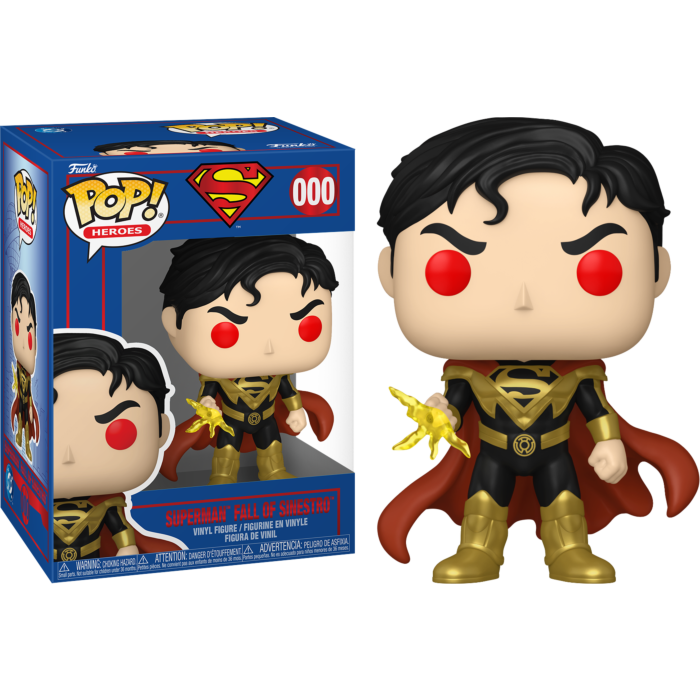 Una figura de vinilo Funko Pop de Superman con ojos rojos y traje negro y dorado, junto a su caja.