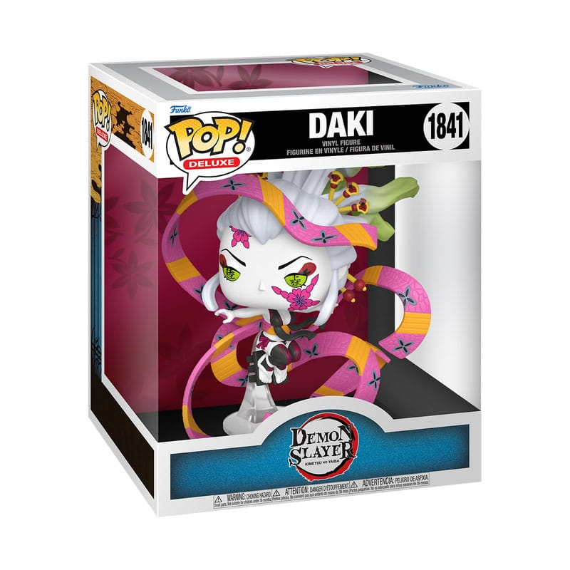 Figura Funko Pop Deluxe de Daki de Demon Slayer en caja, con cintas rosas y detalles florales.