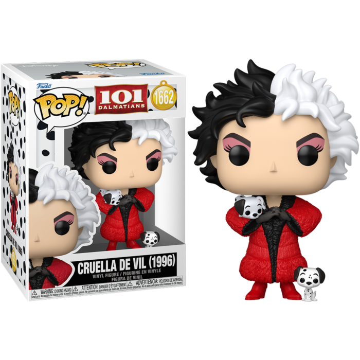 Figura Funko Pop de Cruella de Vil con pelo blanco y negro, abrigo rojo y cachorro junto a su caja.